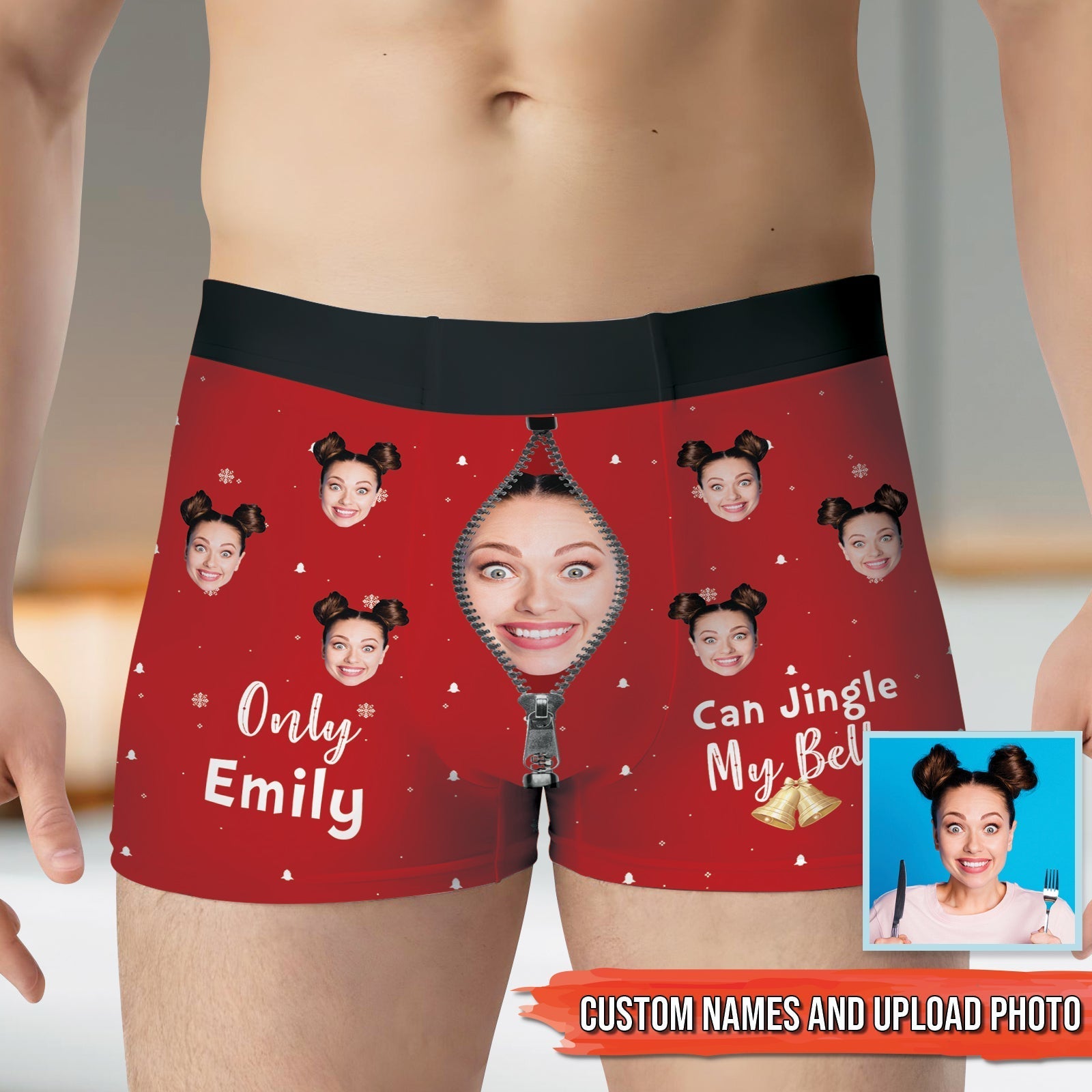 Personalized couple boxer shorts featuring custom names and a fun photo design for couples