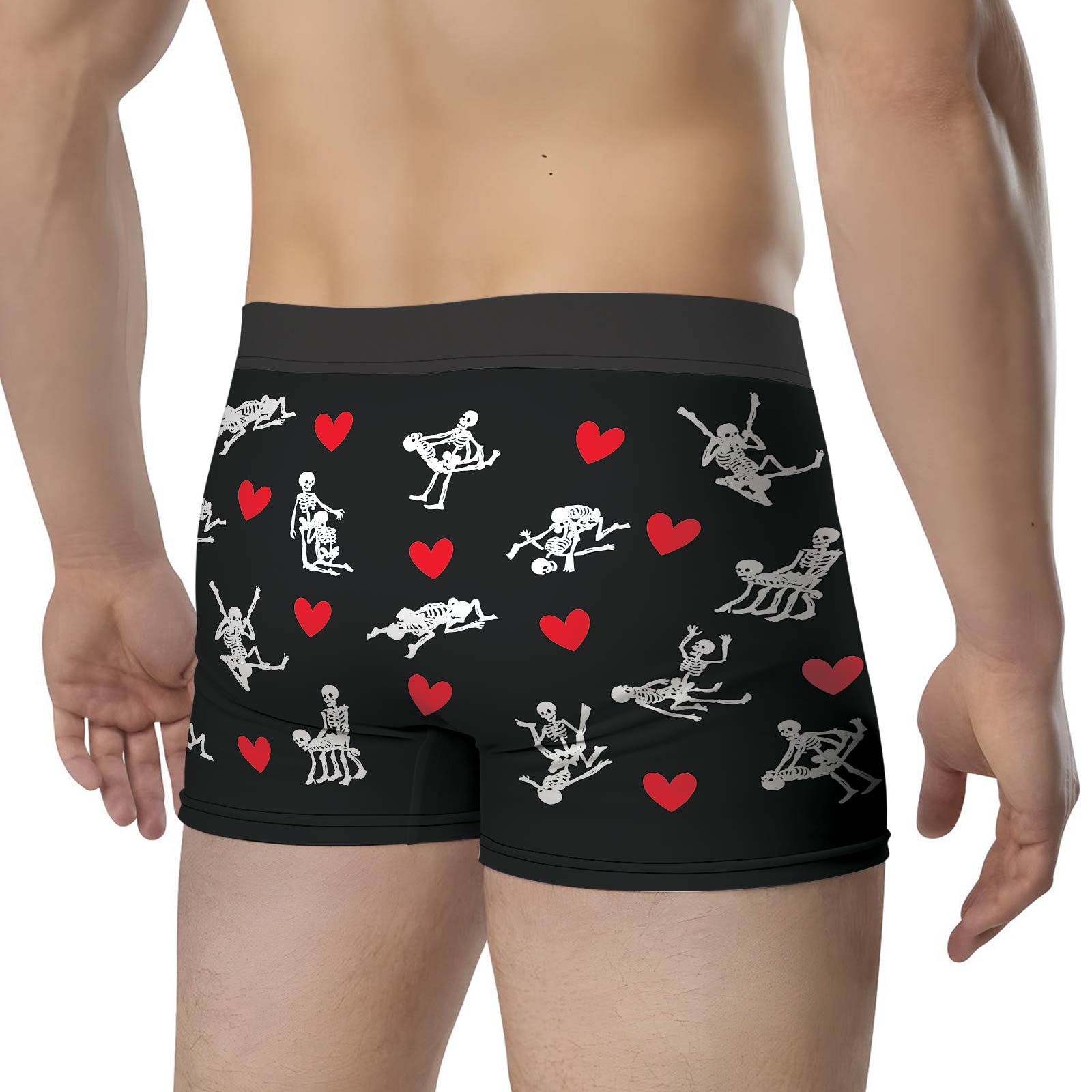 Personalized couple boxers featuring playful skeleton designs and red heart patterns