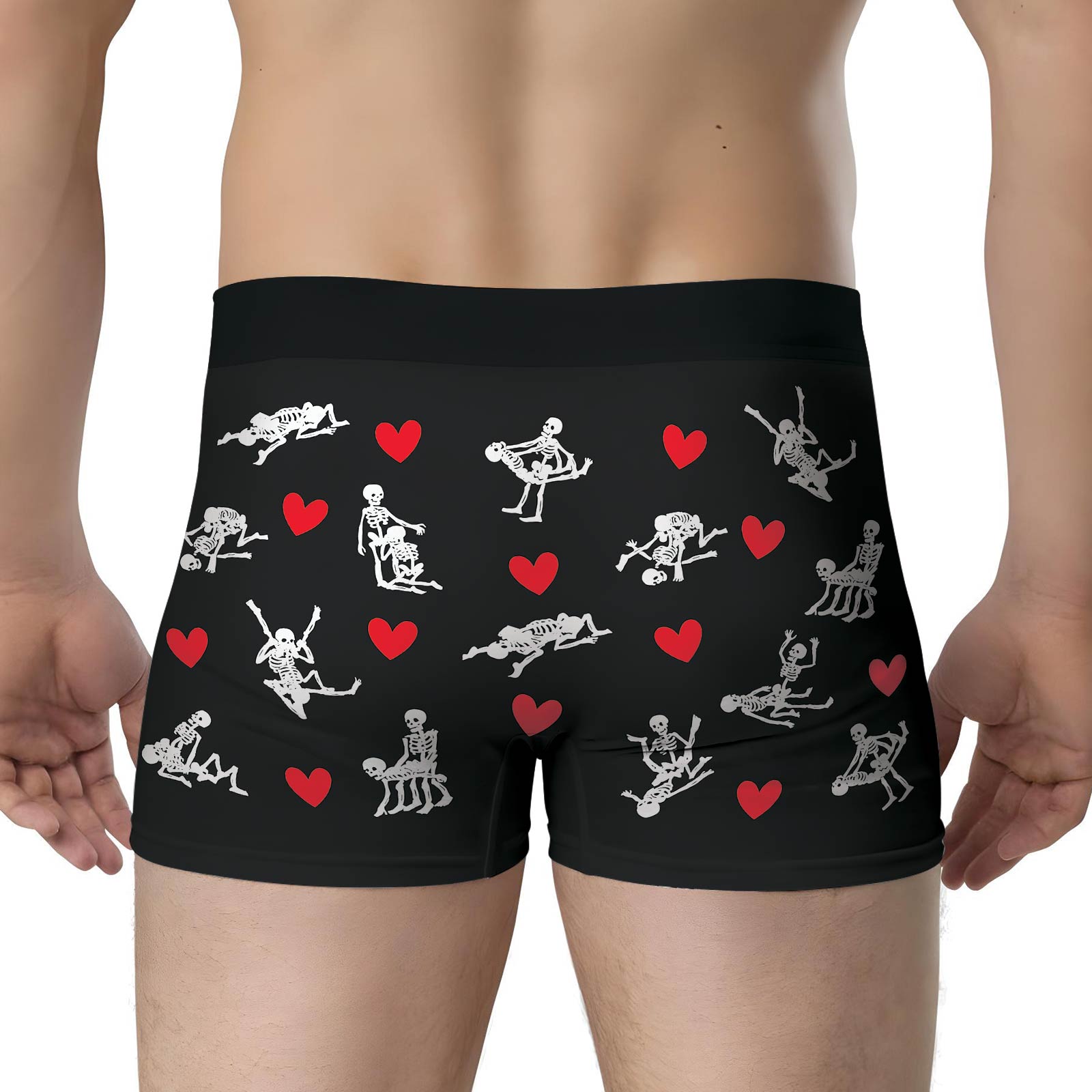 Black personalized couple boxers featuring playful skeleton designs and heart patterns for fun gifts
