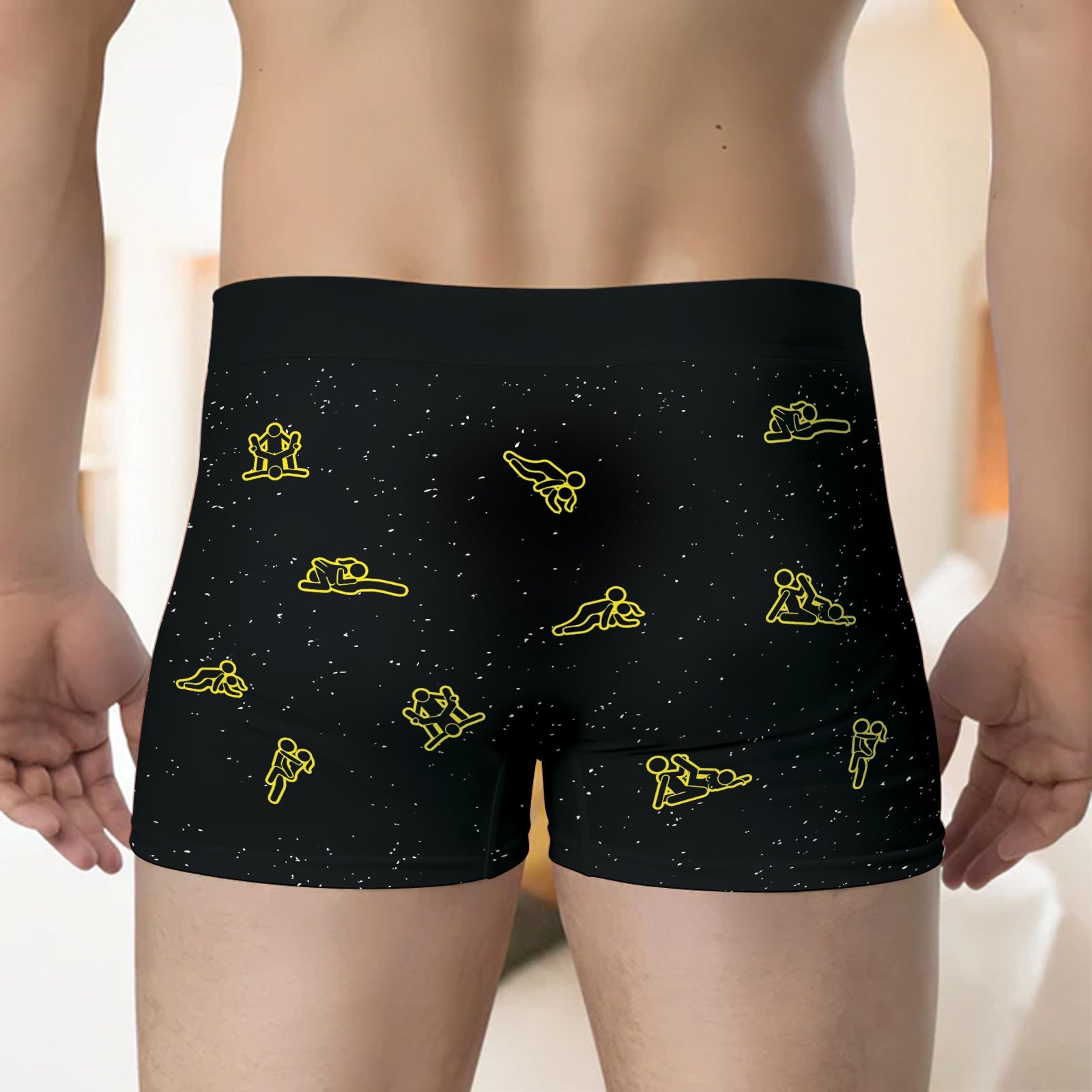 Black personalized couple boxers featuring playful yellow cartoon designs for couples