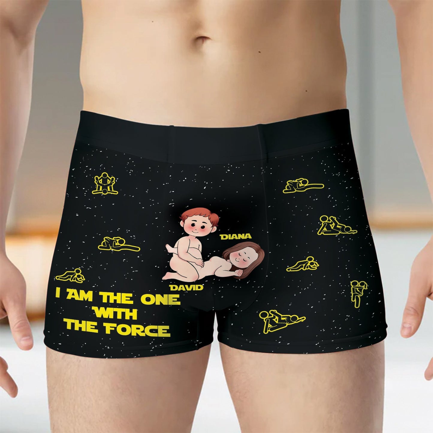 Personalized couple boxers featuring playful designs and customizable names for a fun gift