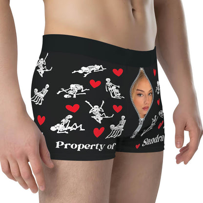 Personalized couple boxers featuring playful skeleton design and heart patterns for a fun gift