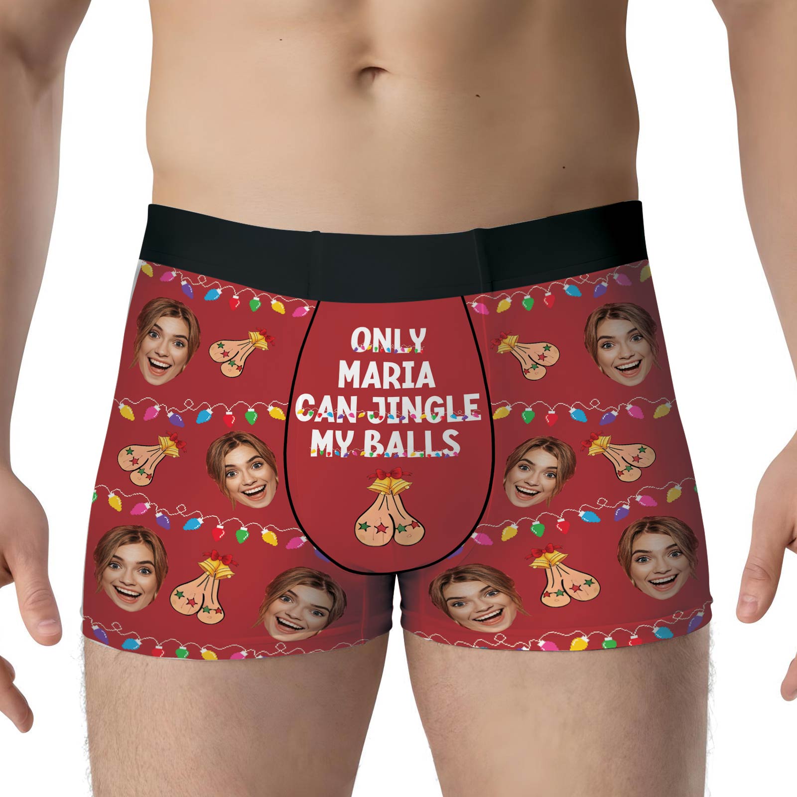 Personalized couple boxers featuring festive design and custom text for a fun gift