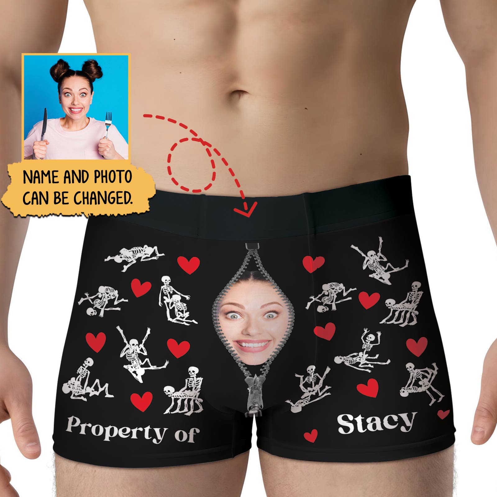 Personalized couple boxers featuring humorous skeleton designs and customizable names and photos