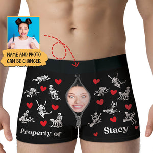 Personalized couple boxers featuring humorous skeleton designs and customizable names and photos