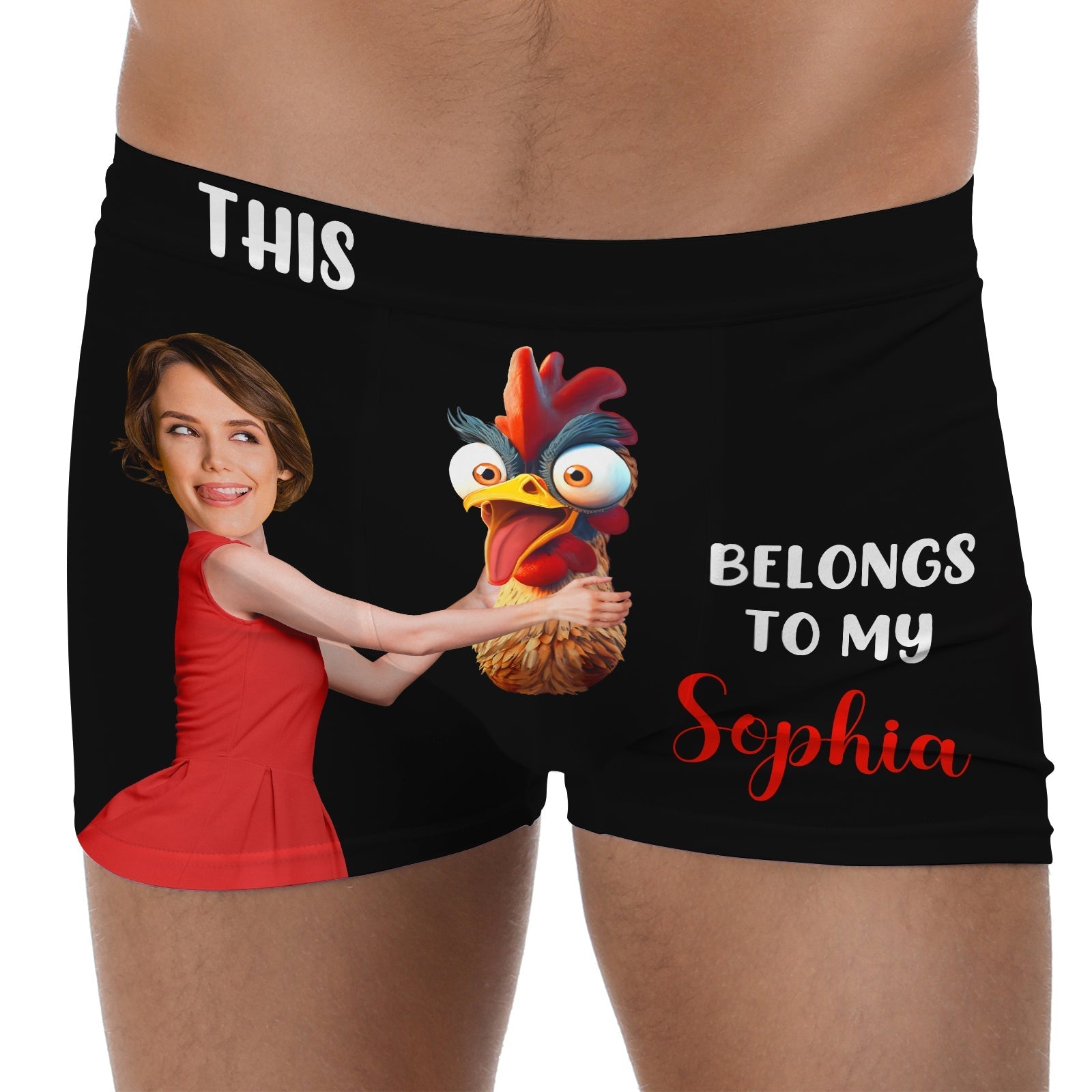 Funny personalized couple boxers featuring a playful design with a character and text for unique gifts