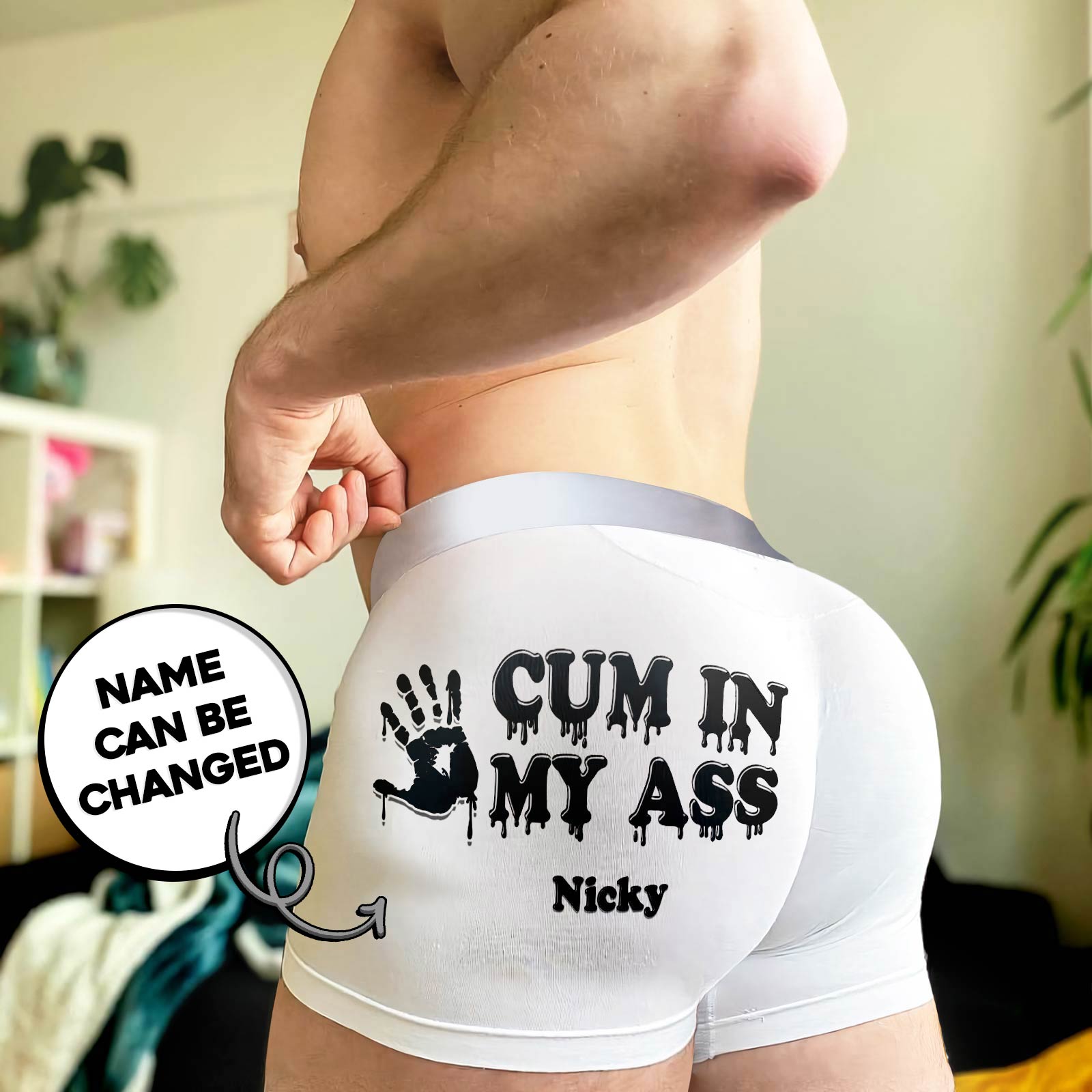 Personalized couple boxers in white featuring a humorous design, customizable with a name