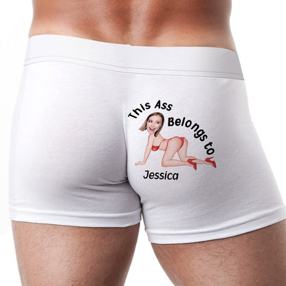 White personalized couple boxers with custom cartoon and text design on the back