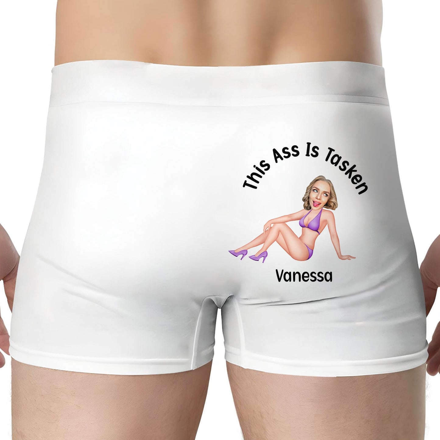 White personalized couple boxers with custom caricature and text printed on the back