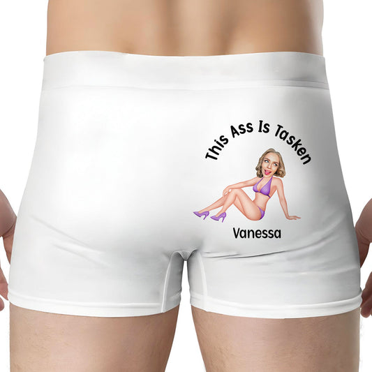 White personalized couple boxers with custom caricature and text printed on the back