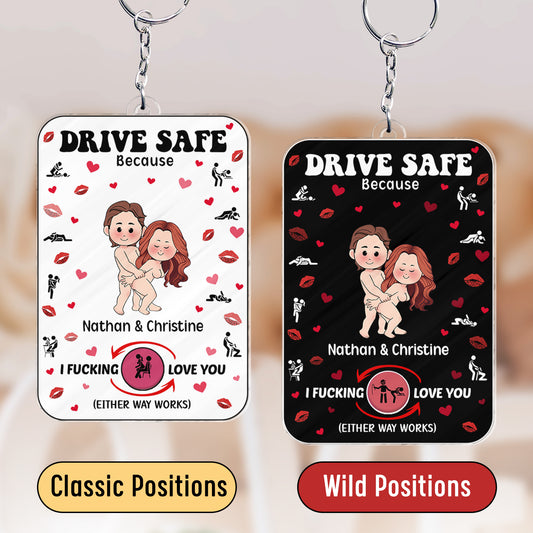 Personalized couple car hanger with drive safe message featuring cartoon couple and custom names Nathan and Christine