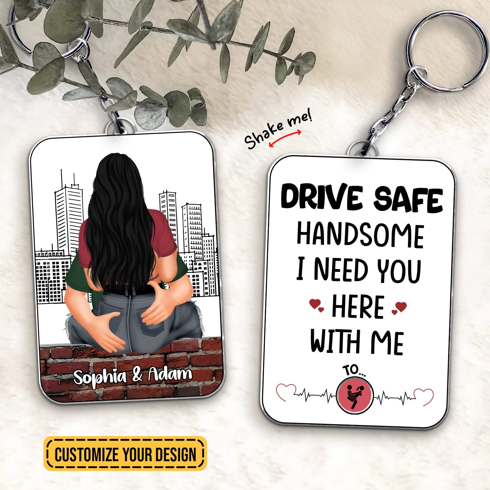 Personalized couple car hanger with custom names and cute drive safe message for couples