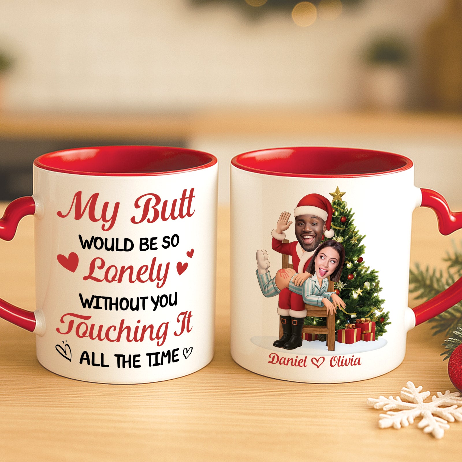 Personalized couple Christmas mug featuring playful designs and custom names for holiday gifting
