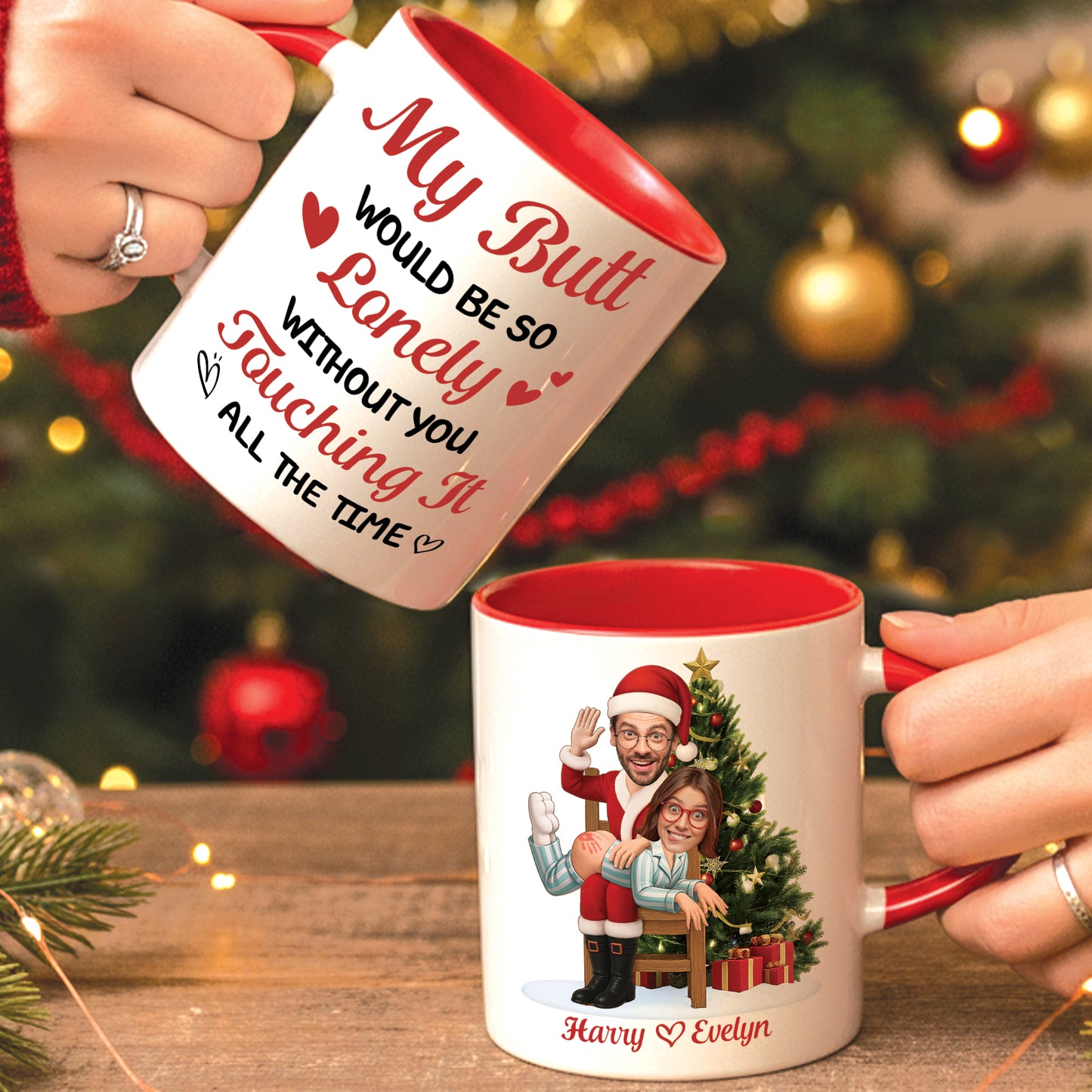 Personalized couple Christmas mug featuring a playful design with festive elements and characters