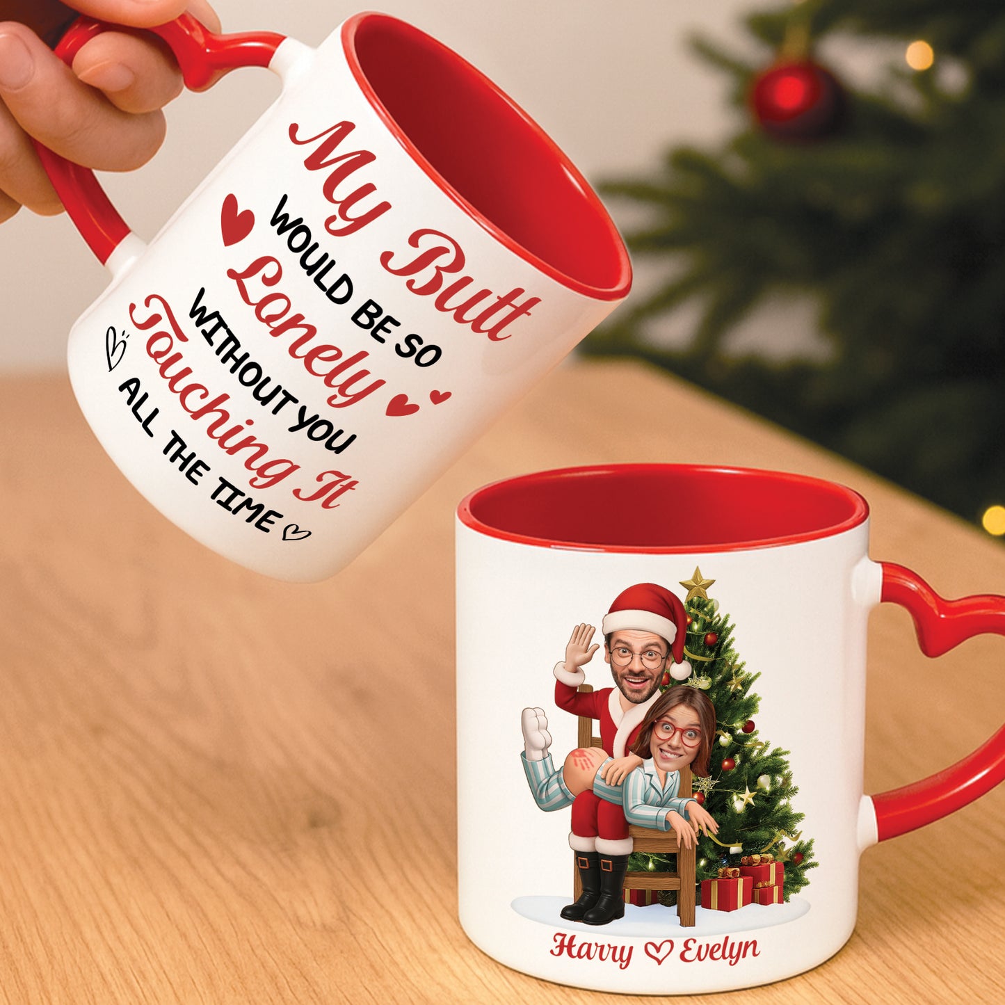 Personalized couple Christmas mug featuring custom illustrations and festive designs for holiday gifting