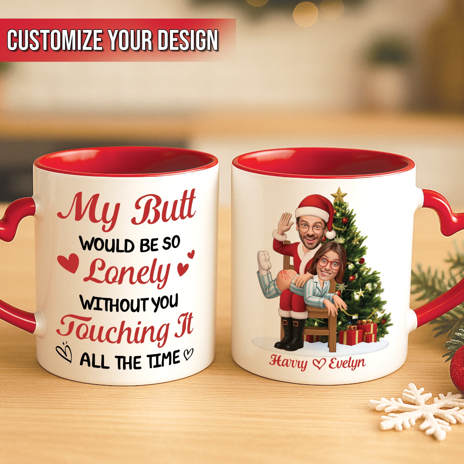 Personalized couple Christmas mug featuring a playful design and custom names for holiday gifting
