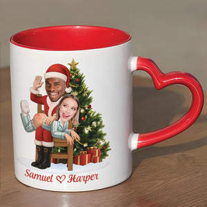 Personalized couple Christmas mug featuring custom illustrations of a couple with a festive tree
