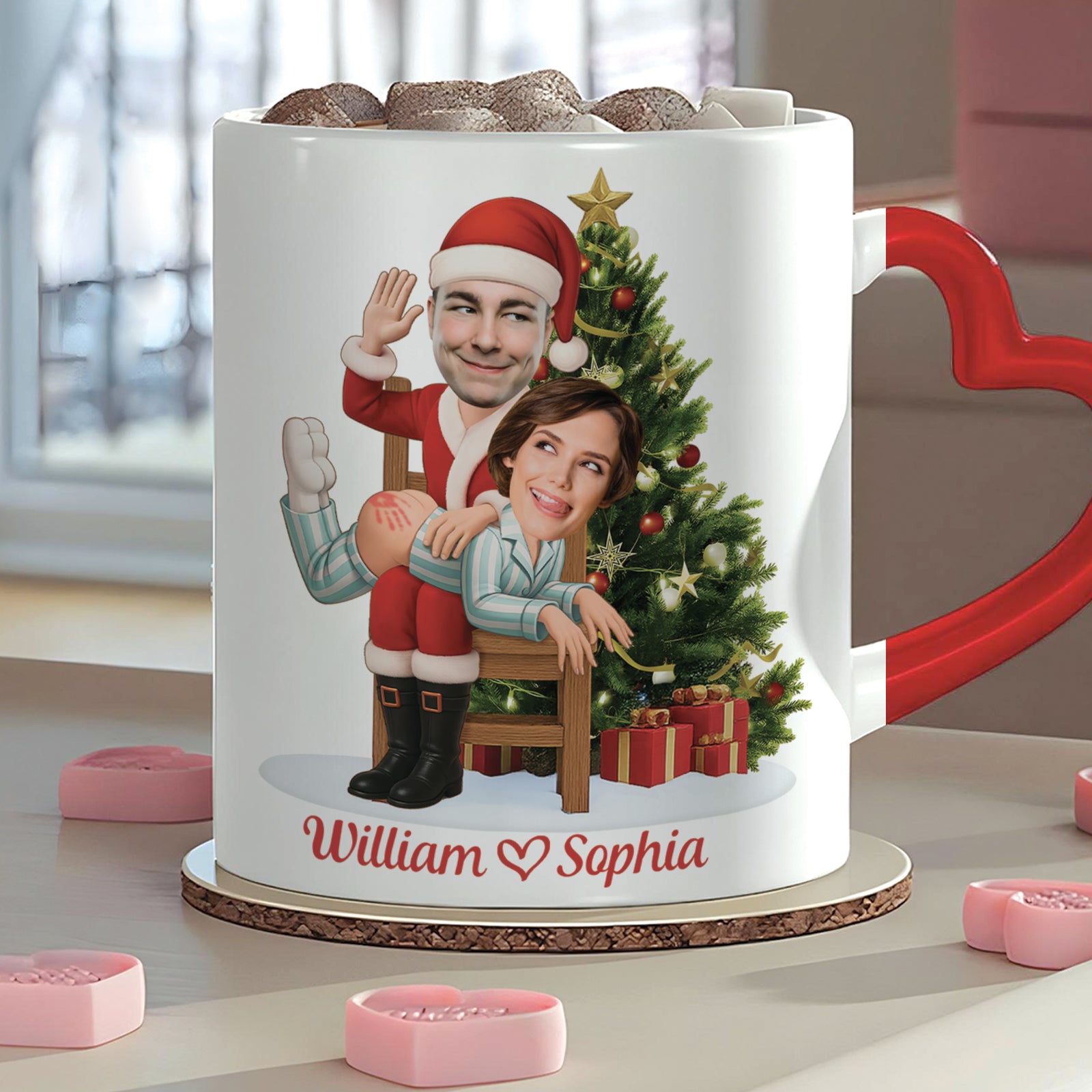 Personalized couple Christmas mug featuring cartoon couple by a Christmas tree with festive decorations