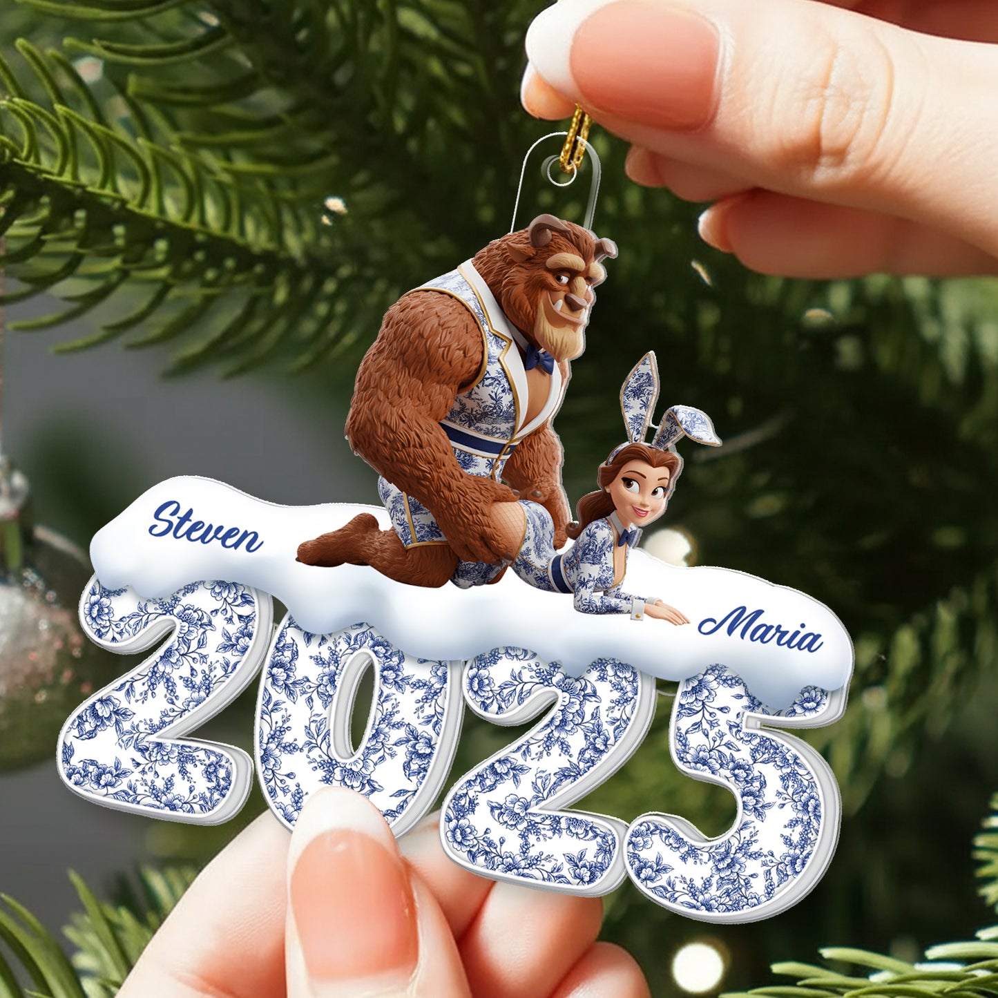 Personalized couple Christmas ornament 2025 featuring a bear and a bunny with names Steven and Maria