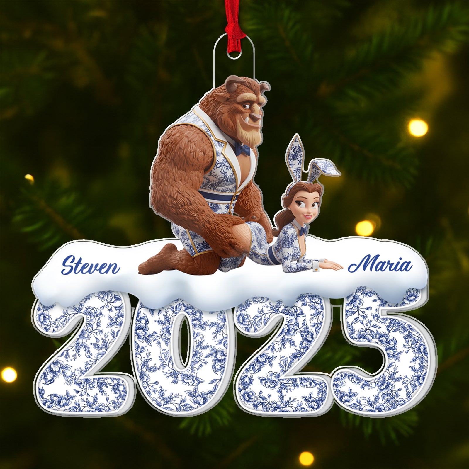 Personalized couple Christmas ornament 2025 featuring Belle and the Beast with names Steven and Maria