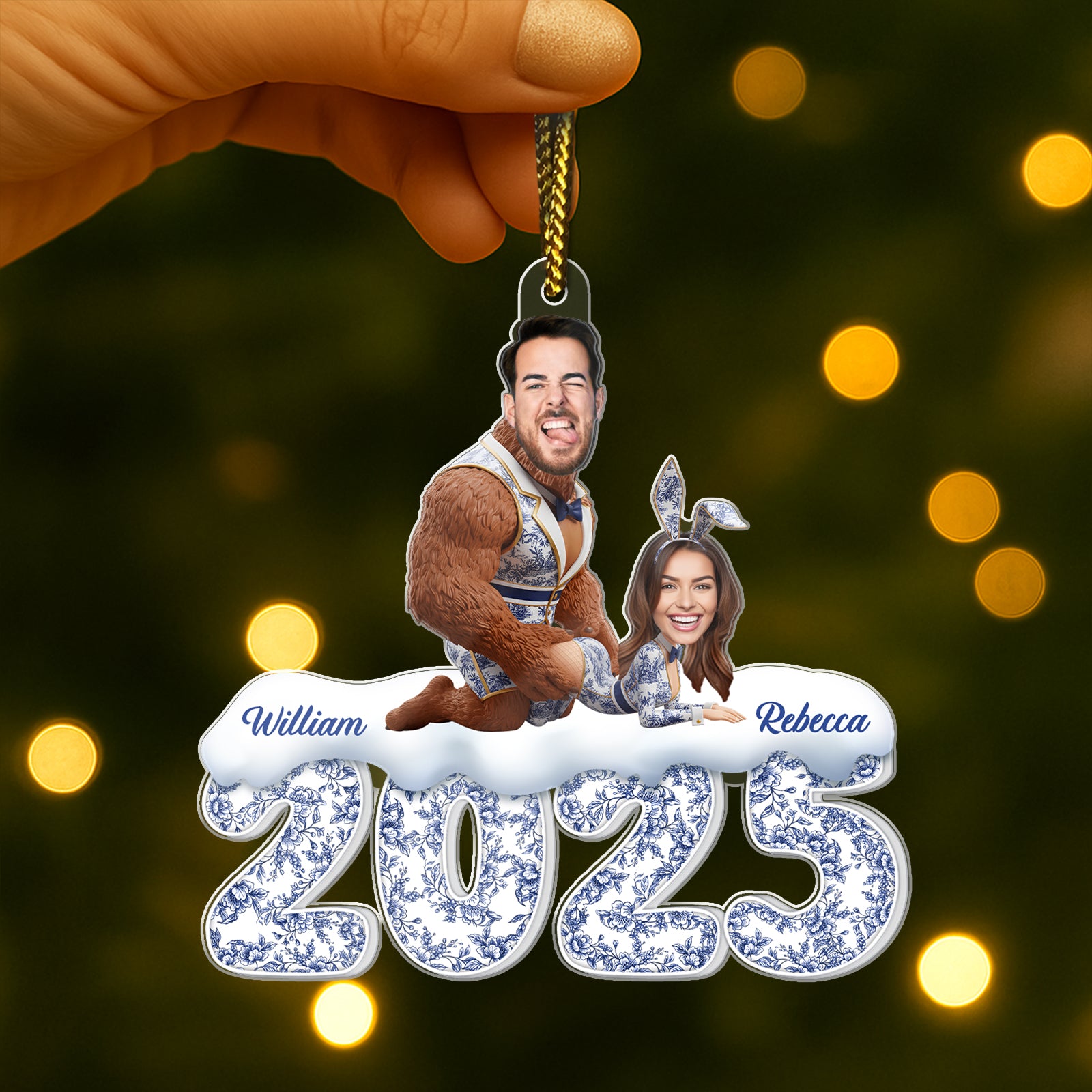 Personalized couple Christmas ornament 2025 featuring names William and Rebecca in a festive design.