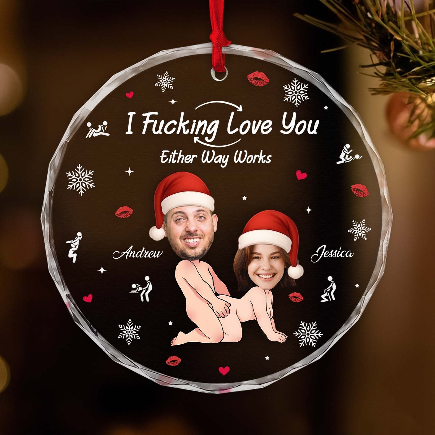 Personalized couple Christmas ornament featuring playful text and images of Andrew and Jessica in festive hats