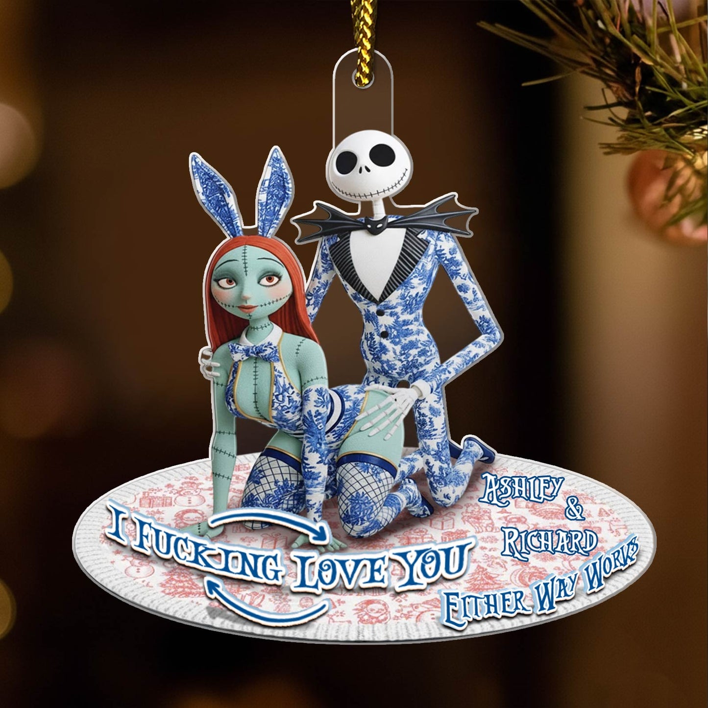 Personalized couple Christmas ornament featuring characters in festive attire with a heartfelt message
