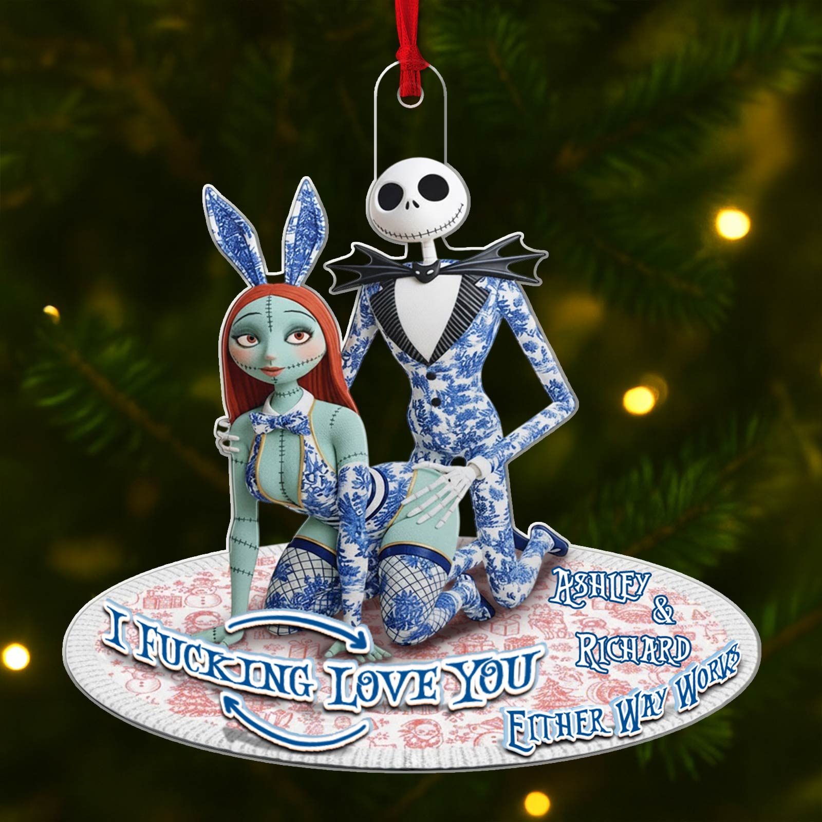 Personalized couple Christmas ornament featuring Ashley and Richard with artistic design and festive colors