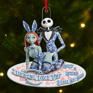 Personalized couple Christmas ornament featuring Ashley and Richard with artistic design and festive colors