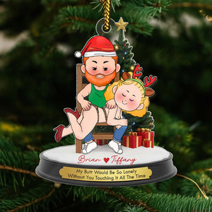 Personalized couple Christmas ornament featuring a fun design with playful text and festive colors