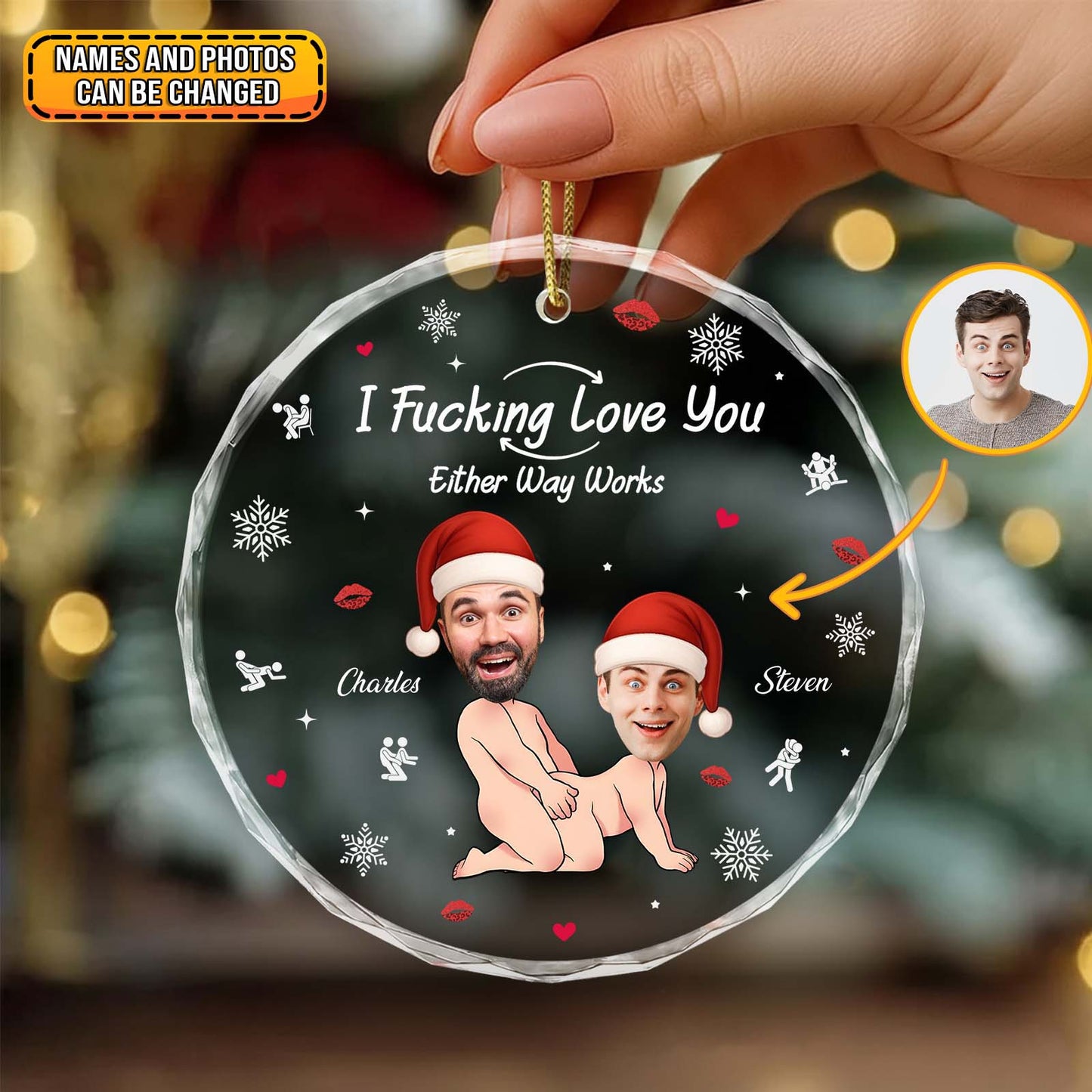 Personalized couple Christmas ornament featuring custom caricatures and festive designs