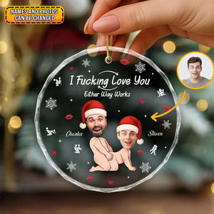 Personalized couple Christmas ornament featuring custom caricatures and festive designs