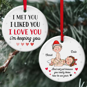 Personalized couple Christmas ornament featuring playful design with heartfelt quotes and cute characters