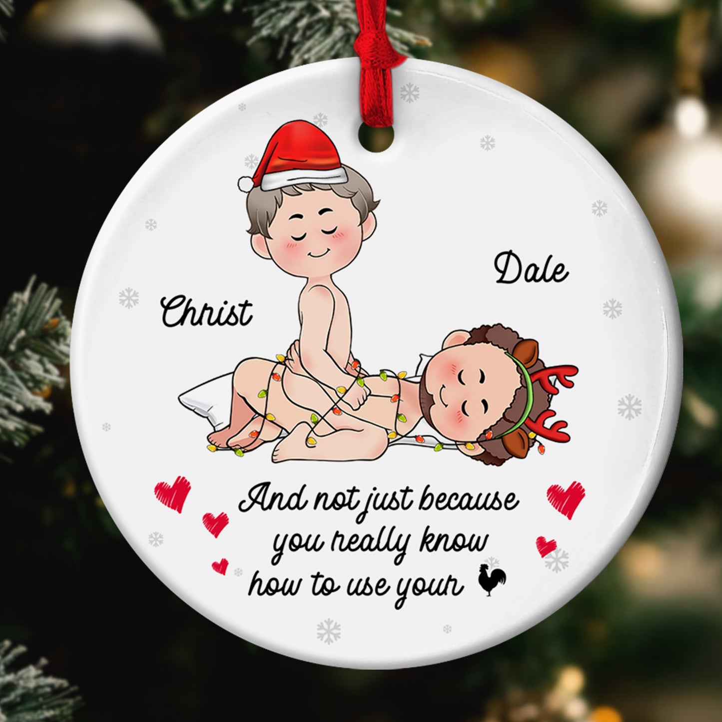 Personalized couple Christmas ornament featuring a playful design with names and festive decorations