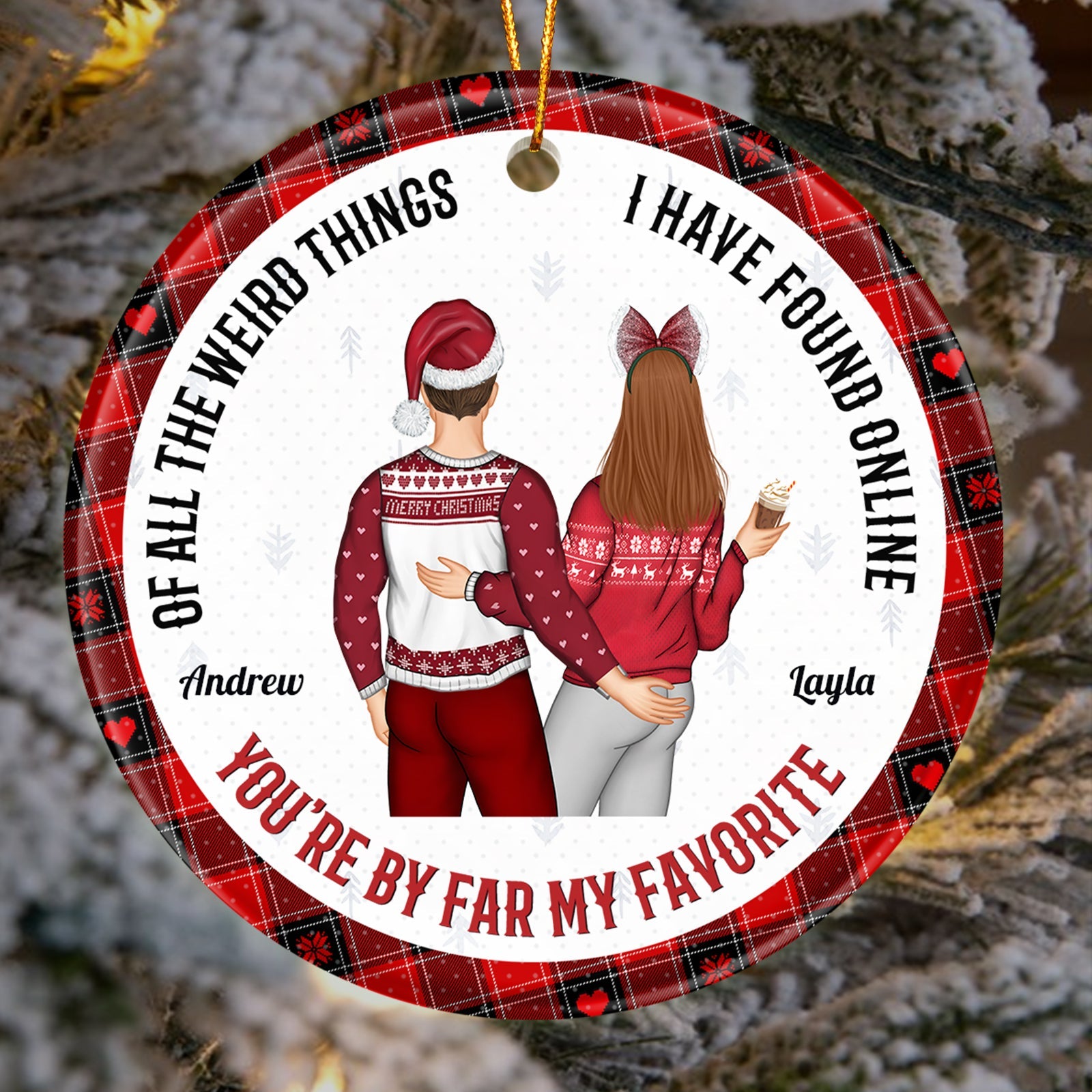 365Gifty personalized couple Christmas ornament with red plaid border and custom names Andrew and Layla