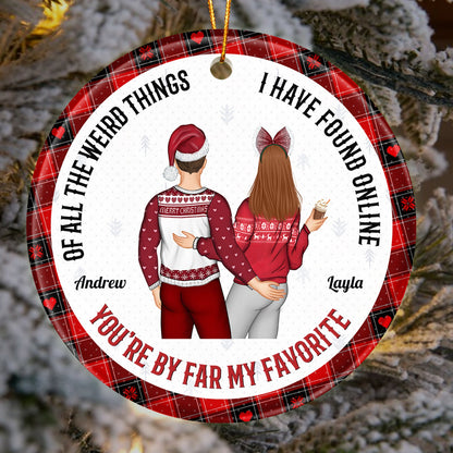 365Gifty personalized couple Christmas ornament with red plaid border and custom names Andrew and Layla