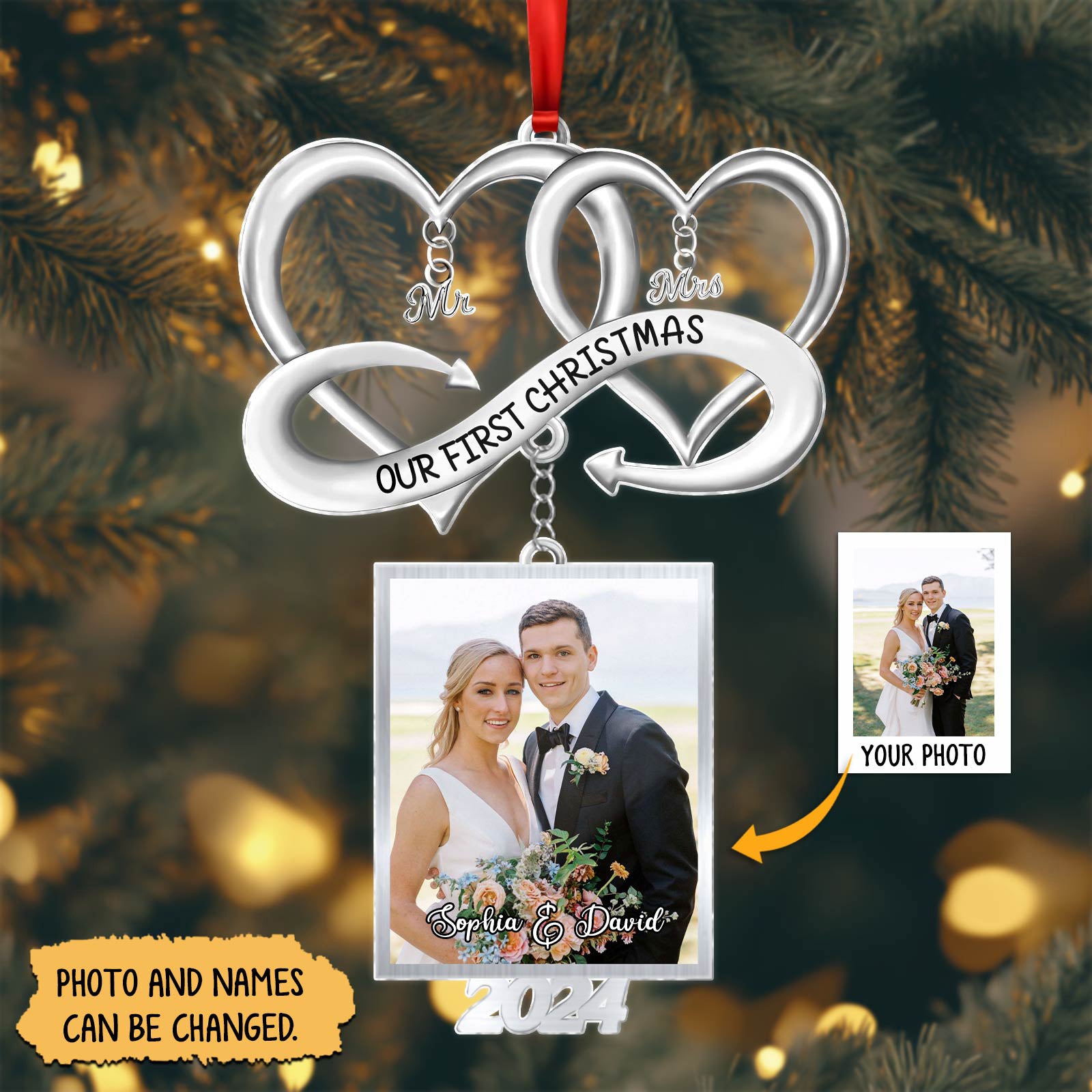 Personalized couple Christmas ornament with two silver hearts and custom photo for 2024 first Christmas