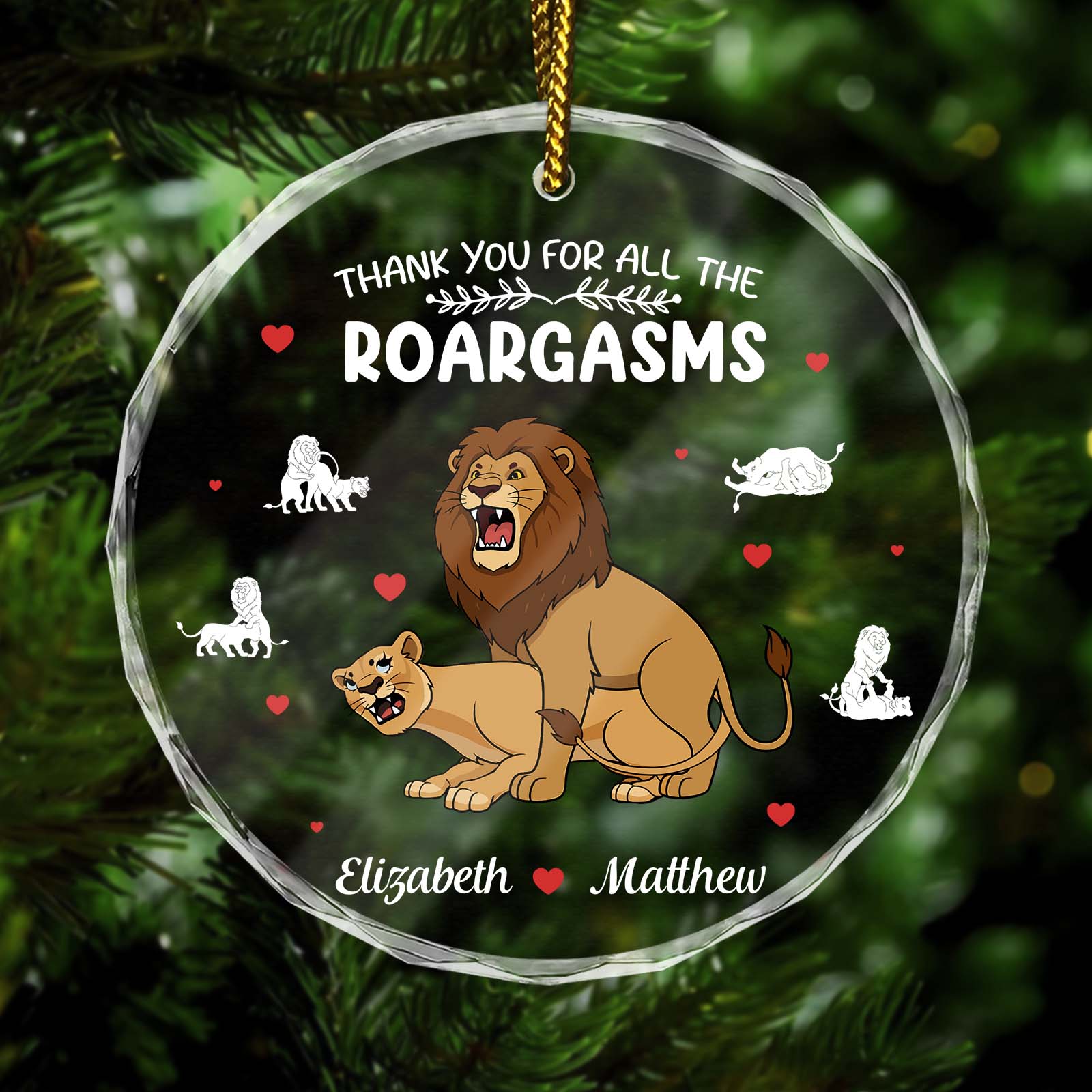Personalized couple Christmas ornament featuring lions and hearts for a unique holiday gift
