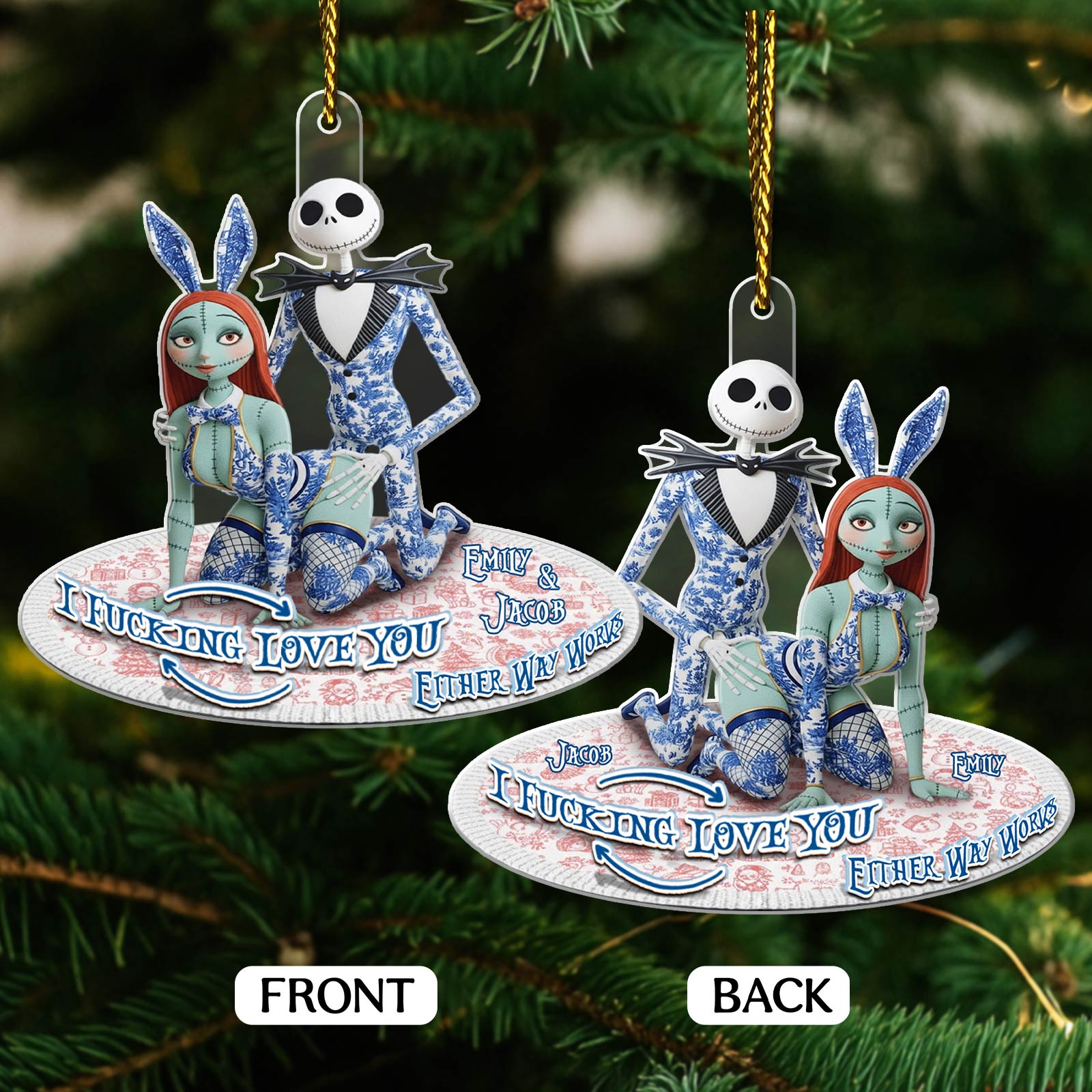 Personalized couple Christmas ornament featuring Jack and Sally design for unique holiday decorations