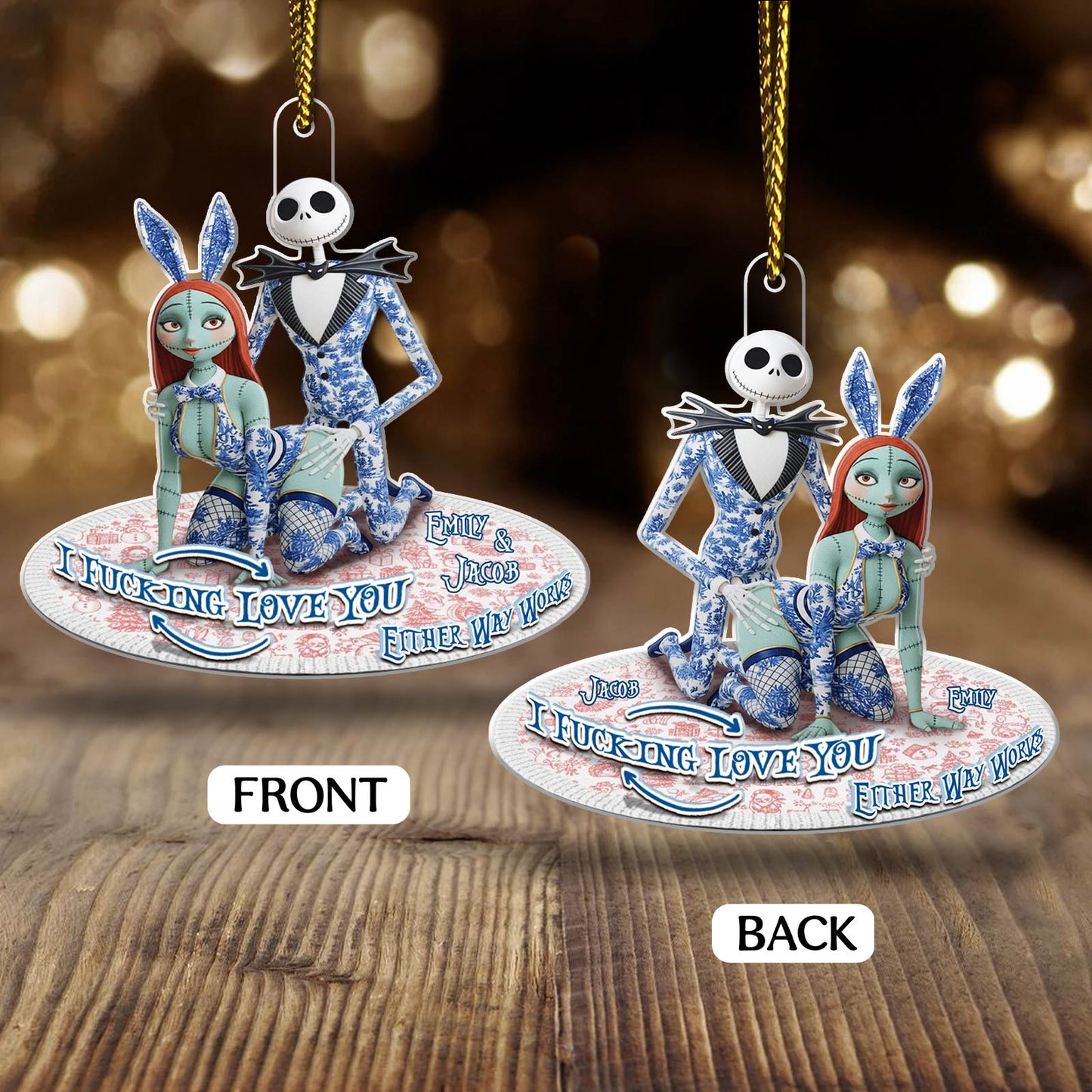 Personalized couple Christmas ornament featuring characters with phrases, front and back design