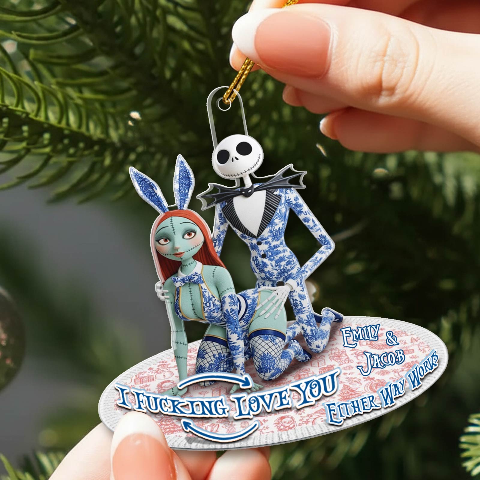 Personalized couple Christmas ornament featuring characters with custom names Emily and Jacob