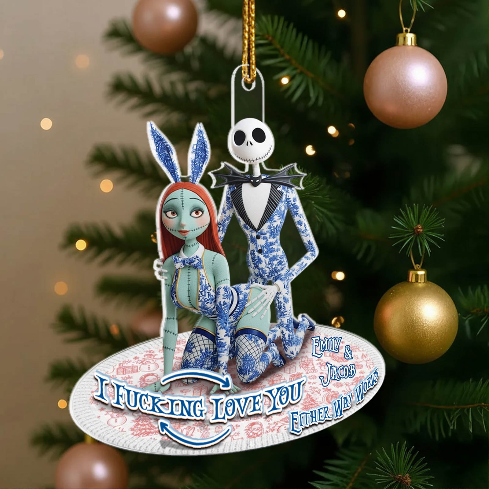 Personalized couple Christmas ornament featuring Emily and Jacob with a whimsical design and heartfelt message
