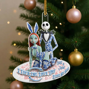 Personalized couple Christmas ornament featuring Emily and Jacob with a whimsical design and heartfelt message