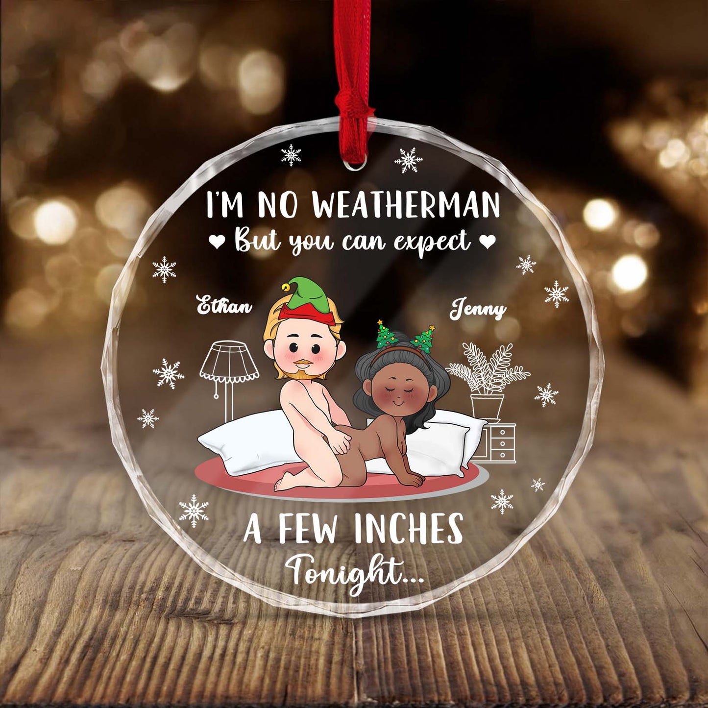 Personalized couple Christmas ornament featuring whimsical design with names Ethan and Jenny for holiday cheer