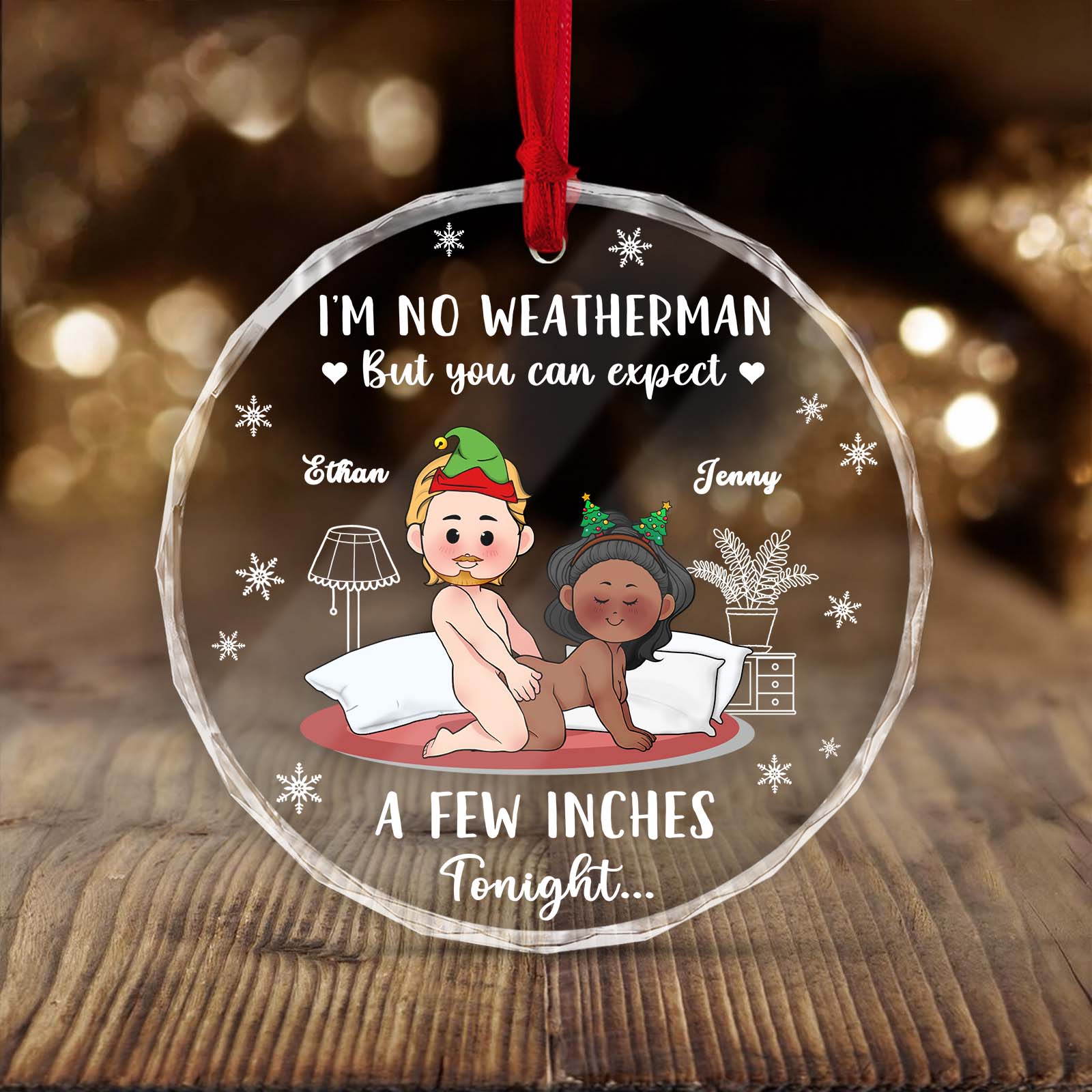 Personalized couple Christmas ornament featuring whimsical design with names Ethan and Jenny for holiday cheer