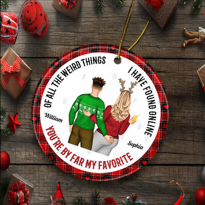 Personalized couple Christmas ornament with a festive plaid border and a custom message for William and Sophia
