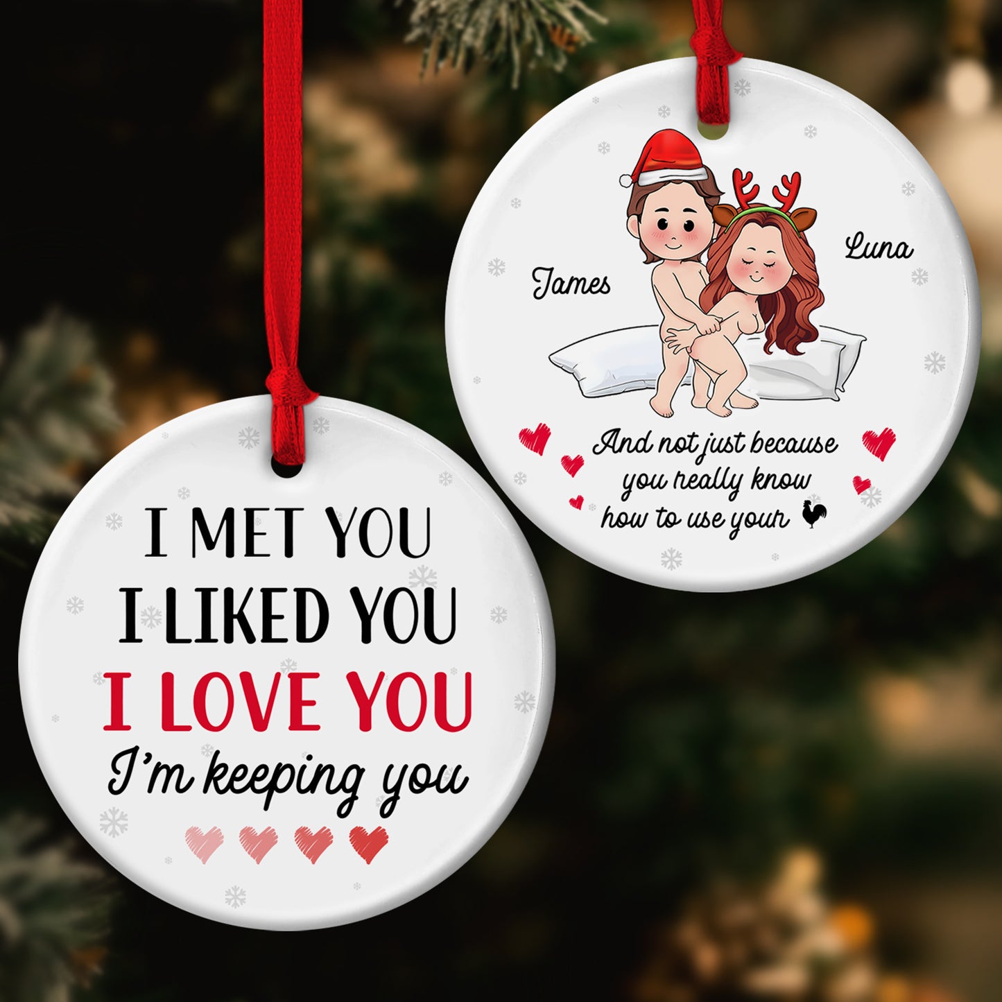 Personalized couple Christmas ornament featuring a cute design with names James and Luna