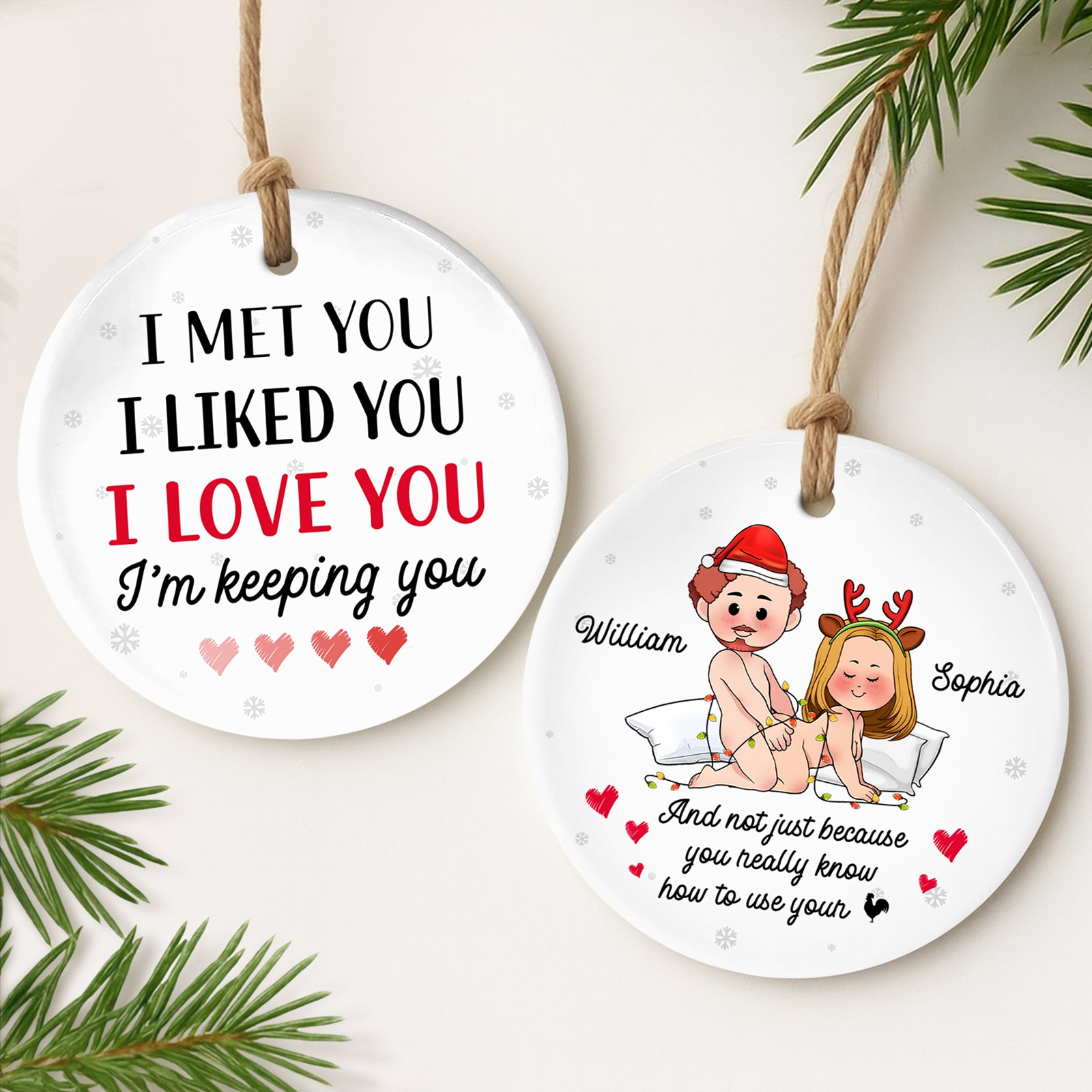 Personalized couple Christmas ornament featuring sweet love quotes and custom names for a festive touch