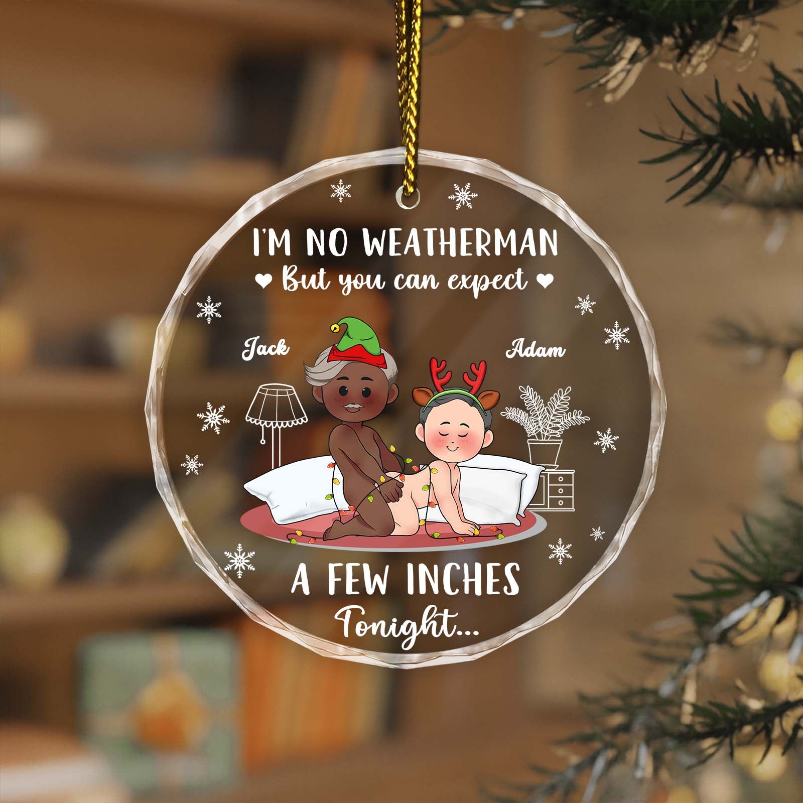 Personalized couple Christmas ornament featuring playful winter characters and names Jack and Adam