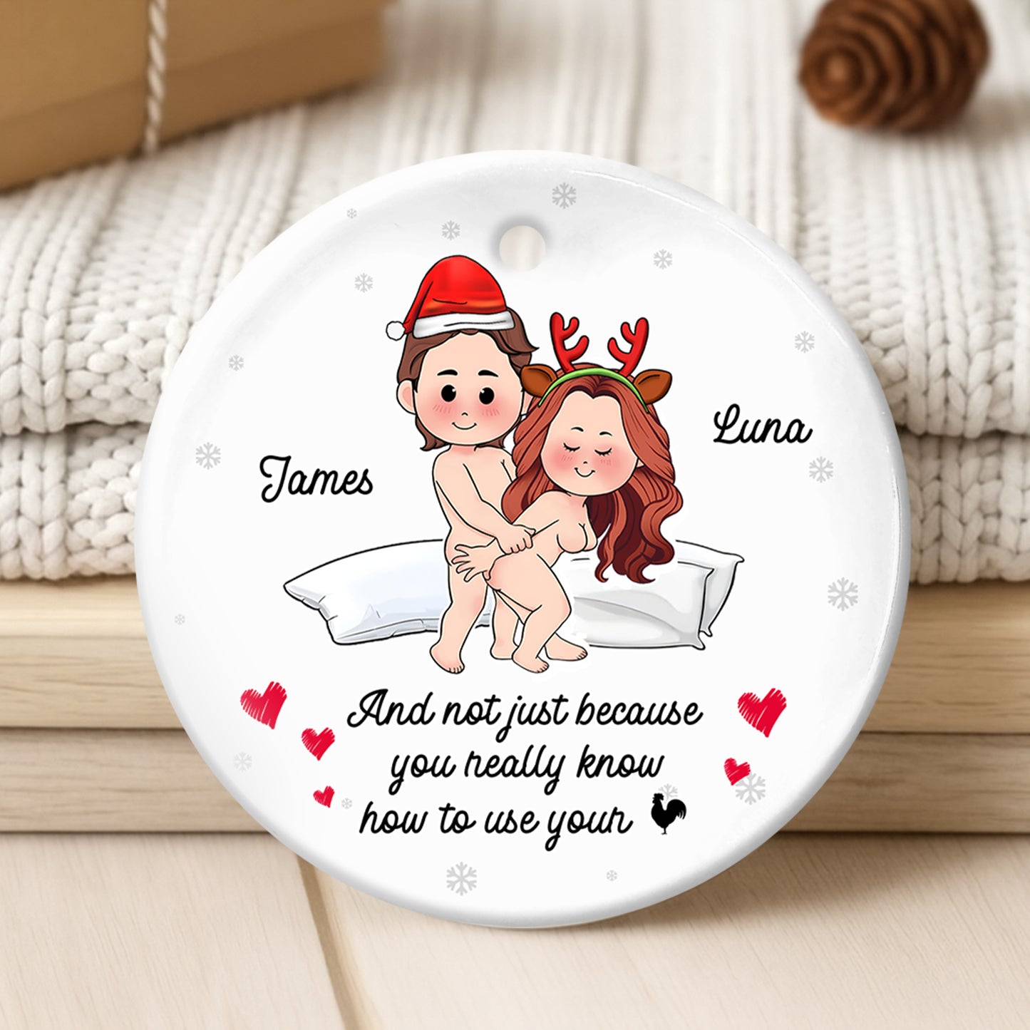 Personalized couple Christmas ornament featuring cartoon couple with names James and Luna in festive attire